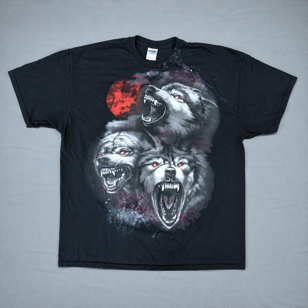 Vintage ALT Y2K Wolf Delta Graphic Tee Mens 2XL Black Three Wolves Red Moon